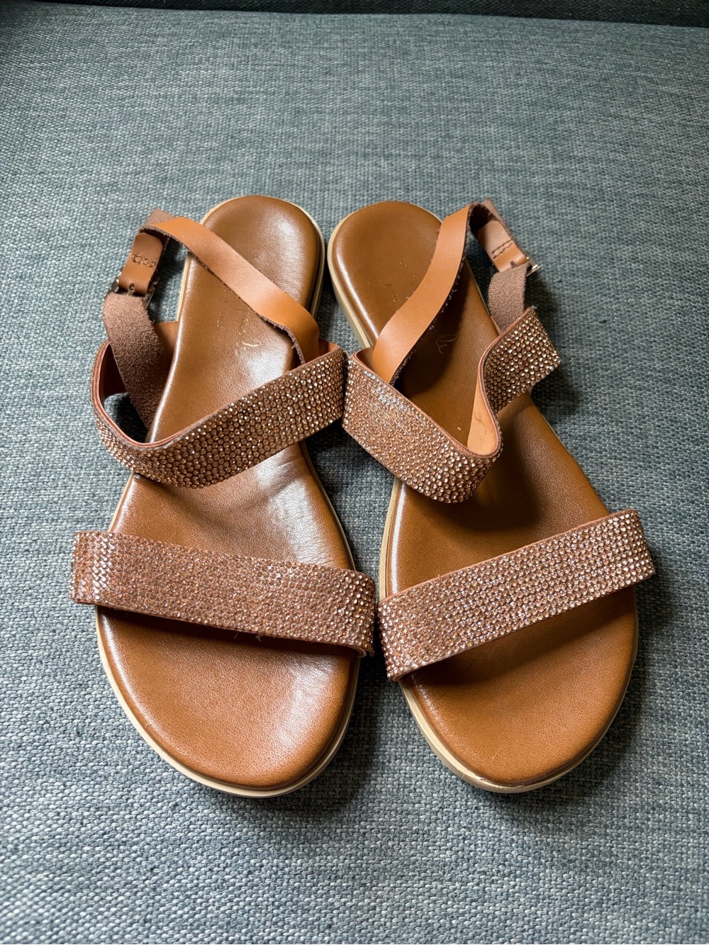 Mila Paoli Leather Rhinestone Ankle Strap Flat Sandals Made In Italy Rose Gold 7
